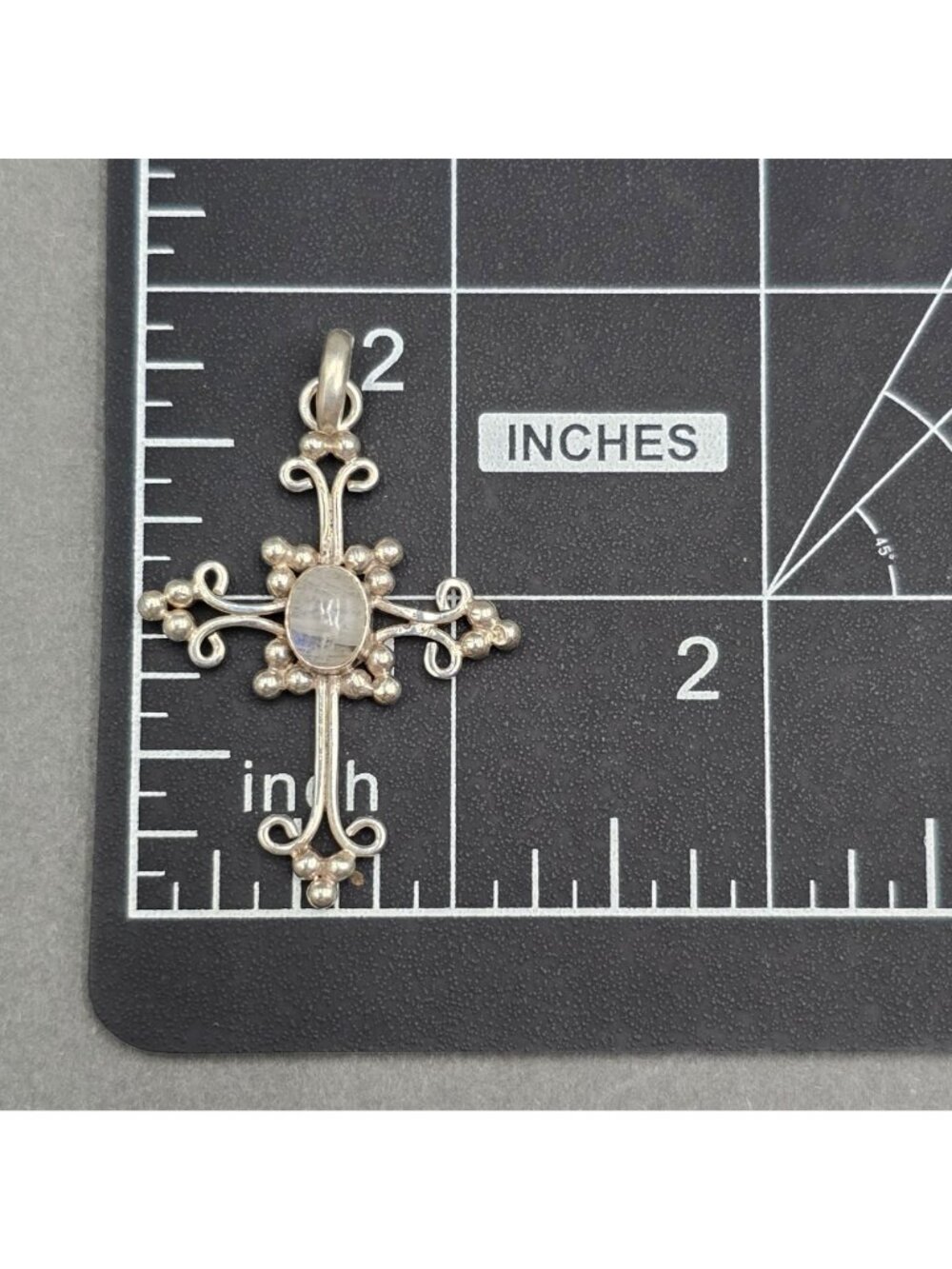 Vintage Sterling Silver Rainbow Moonstone Filigree Cross Gothic Pendant 1.75" - Picture 9 of 11